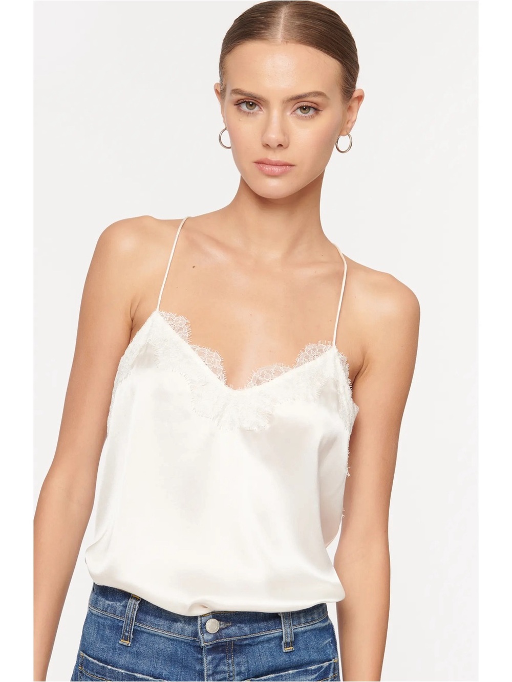 CAMI NYC Racer Lace Trim Silk Charmeuse Camisole White French Lace Luxury Top M